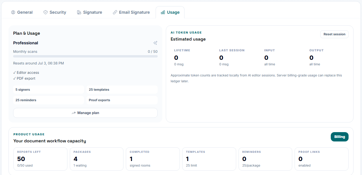 Usage / Settings dashboard screenshot