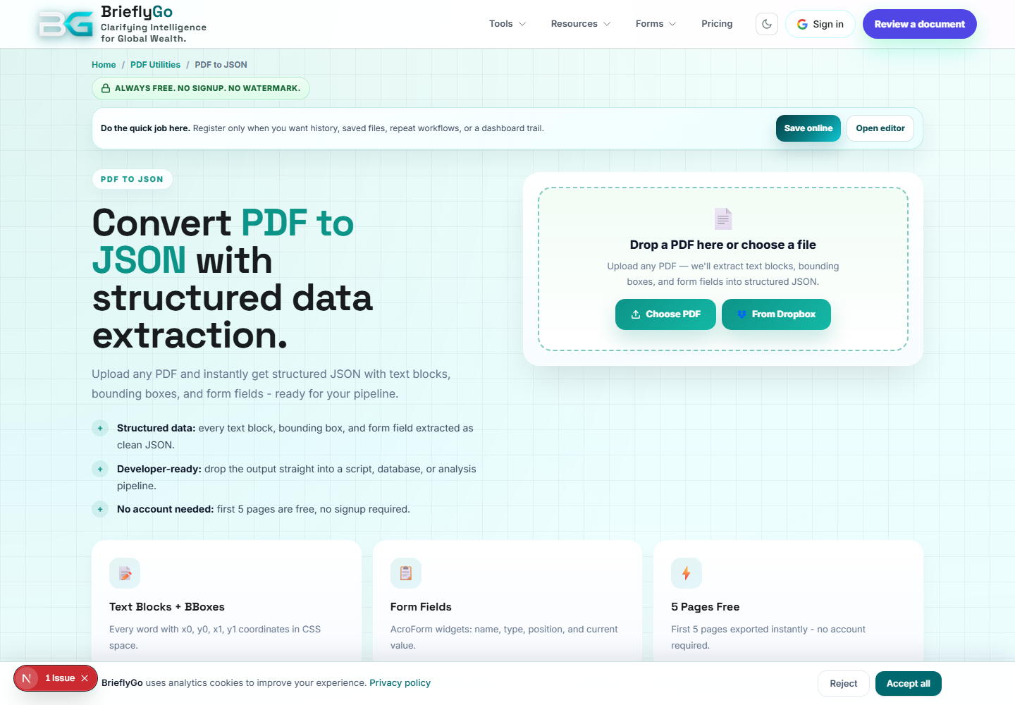 PDF to JSON screenshot
